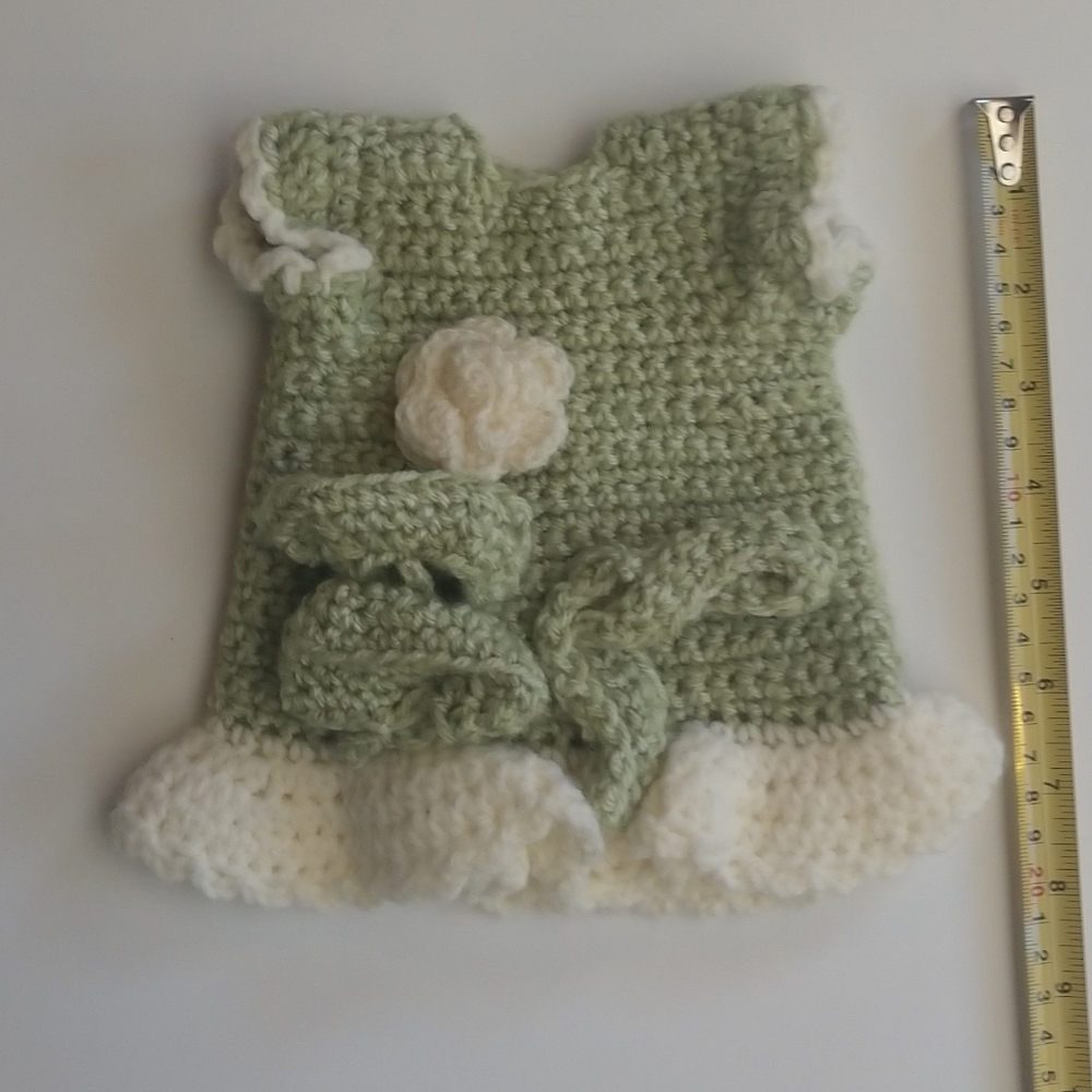 Crochet Baby Dress w/ Matching Booties & Headband Green/Cream
